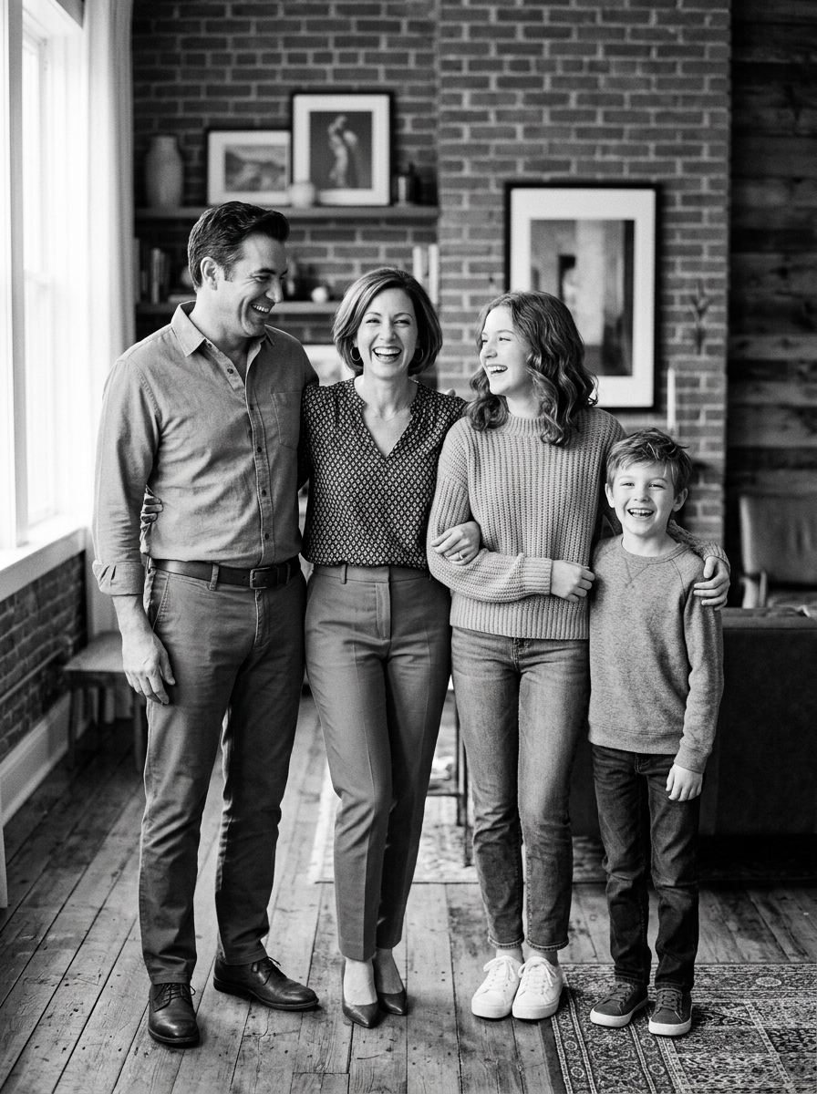 Family of four black and white smiling portrait