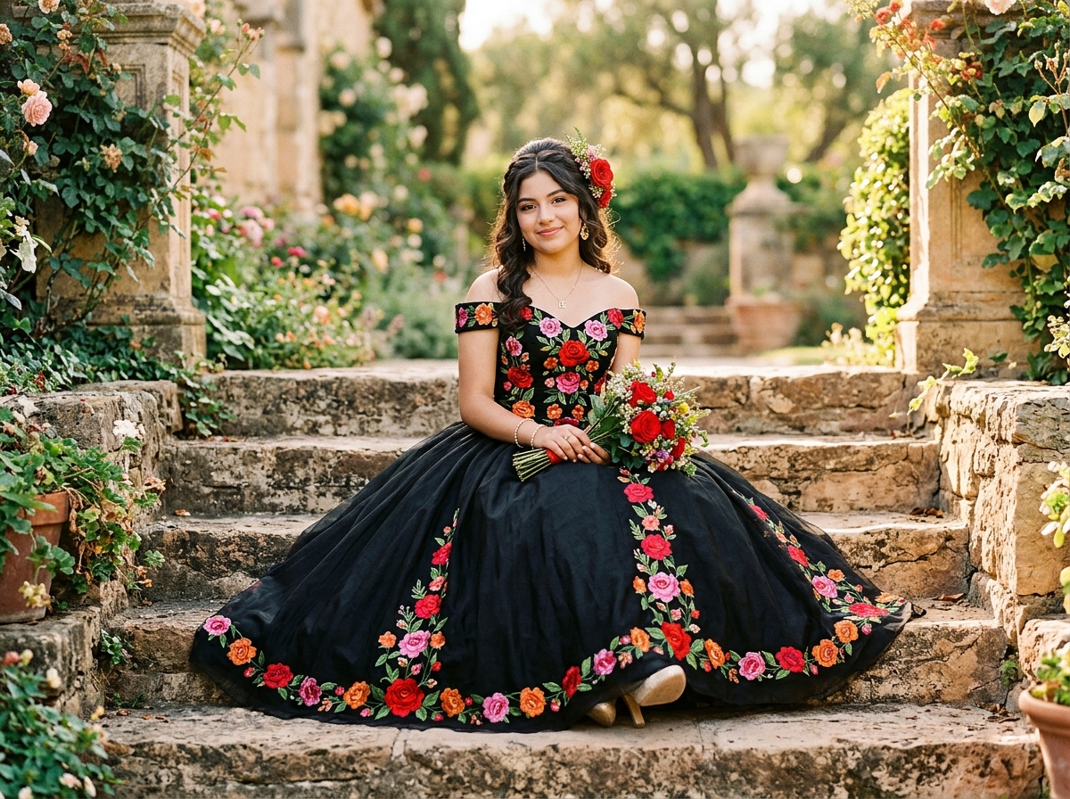 Quinceañera in black floral gown on stone steps